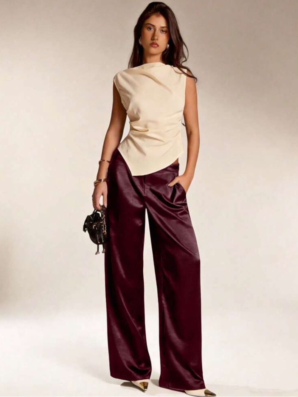 Women's Satin Solid Color Pocket Zipper Long Pants, - Picture 3 of 4